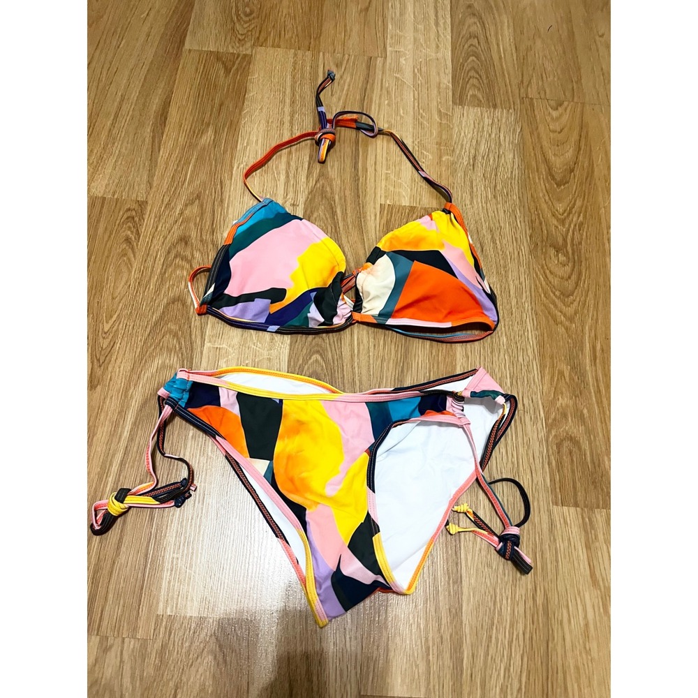 NEW Abstract Tropical Sunset Piece Bikini Set Skirt Medium Orange Green Yellow - Picture 3 of 14